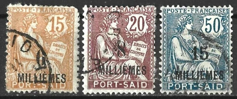 EGYPT 1921-23 FRENCH POST OFFICES IN PORT SAID SURCHARGE X 3 USED Cover