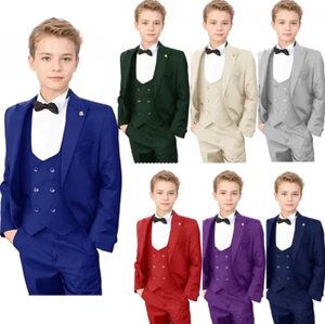 Boys Suits Tuxedo Slim Fit 3 Piece For Kids Wedding Formal Suit Jacket Vest Pant - Picture 1 of 24
