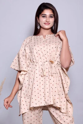 Handmade Kaftan & Pent Tunic Maxi Dress Dot Print tie dye Vneck Bikini Suit - Image 1 of 3