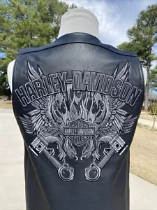 Harley Davidson Men’s WILD FORCE Leather Vest Snap Large 97133-09VM Eagle - Picture 1 of 11