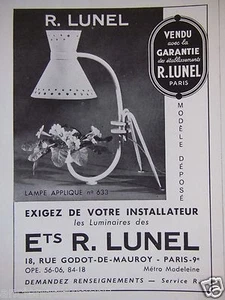 PUBLICITÉ 1953 R.LUNEL LAMPE APPLIQUE N°633 - ADVERTISING - Imagen 1 de 1