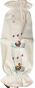 Vintage Handmade Bag Holder Embroidered Flowers Ducks Crochet 15x40" - Picture 1 of 5