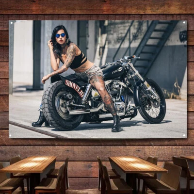Garage Decor Must-Have: Motorcycle Rider Poster Flag featuring Sexy Tattoo Girl - Image 1 of 4