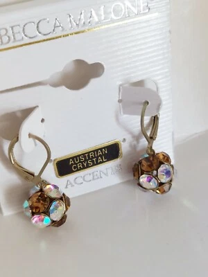 Австрийские переливающиеся золотые серьги-висячие с хрустальным шаром Rebecca Malone - Изображение 1 из 2