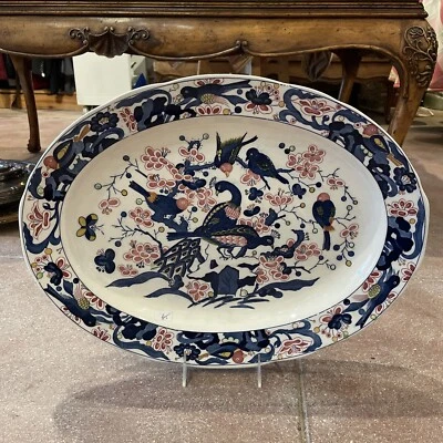 Vintage Platter Blue Birds Floral  White Hand Paint Ceramic Unmarked 18.5"x 14" - Image 1 of 4
