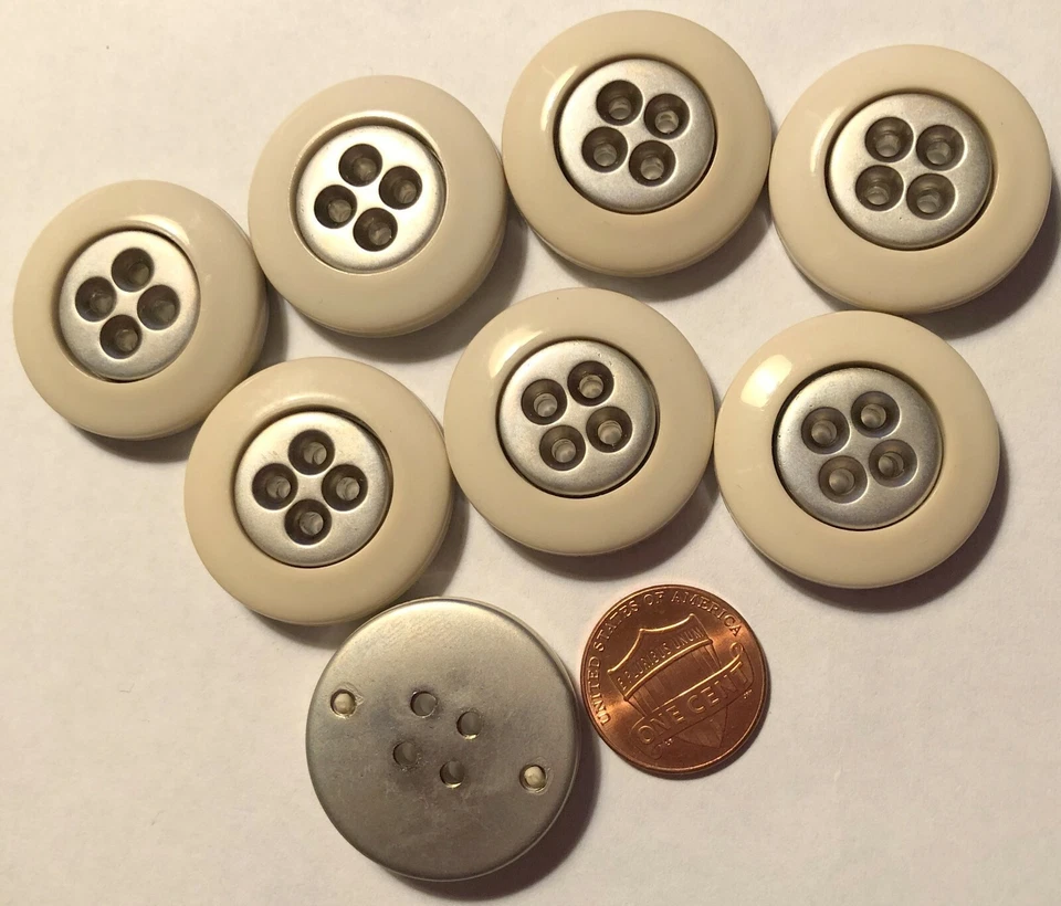 8 Large Beige & Silver Tone Plastic Sew-through Coat Buttons 1 1/8"  28mm 10124 - Image 1 of 1