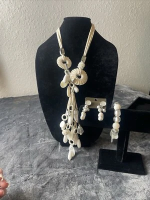 Chico's Statement Macrame Necklace Glass Silver Mother Of Pearl Bracelet Earring - Image 1 of 4