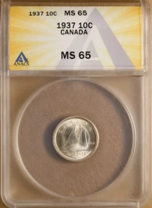 :1937 S10C GEORGE-VI CANADA BLAST WHITE GEM BU ANACS MS65 LOW-POP HIGHEST GRADES - Picture 1 of 4