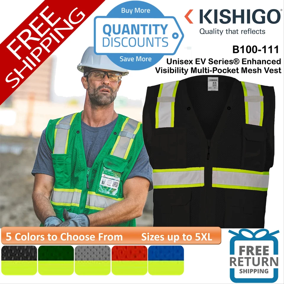 🔥 Kishigo Unisex EV Series Visibility Multi-Pocket Mesh Vest Up To 5XL B100-111 - Image 1 of 1