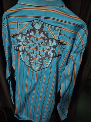 NWT Knockout Denim Button Shirt Men Large  Multicolor Stripe Embroidered Graphic - Image 1 of 4