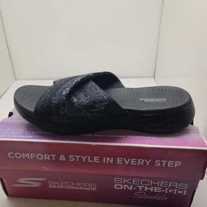Skechers On the Go 600 Monarch Black Cross-Strap Slide Sandals Size 9 - Picture 1 of 11