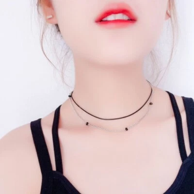 New 90' Black Leather Choker Beads Charm Necklace Gothic Grunge Retro Chain Gift - Image 1 of 4