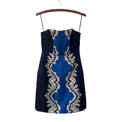 Vestido de cóctel sin tirantes con estampado de brocado mezcla lana seda azul TIbi para mujer talla 0 Foto 1 de 4