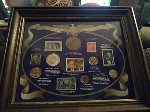 WOODEN FRAMED PRESIDENTIAL COIN AND STAMP COLLECTION. 12" X 10" - Picture 1 of 19