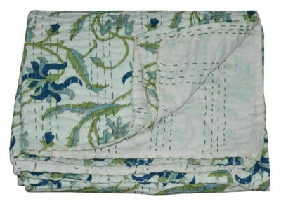 Manta de edredón Kantha de algodón reina con estampado de bloques hecha a mano india Gudari Foto 1 de 4