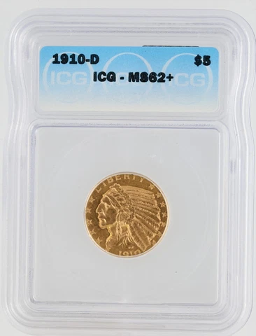 1910-D Half Eagle ICG  MS62+ $5 Denver Minted Indian Head Gold Coin Cover