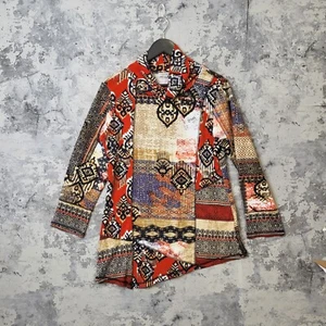 Top túnica Orientique para mujer 10 multicolor rayón geométrico cuello alto pulóver A - Imagen 1 de 11