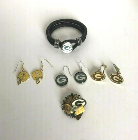 NFL Green Bay Packers Assorted Lot Bracelet With Logo 3 Pair Earrings and Pin Cover