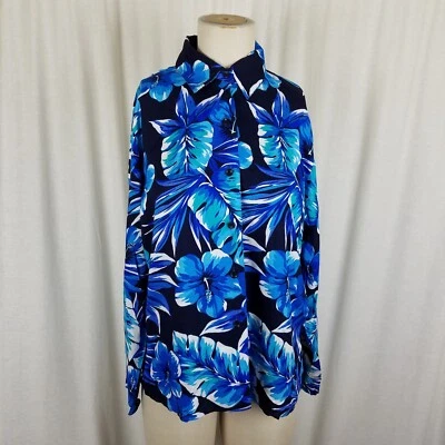 Camisa Hawaiana Vintage Avon Azul Hibisco Flores Top Blusa Abotonada Para Mujer M Foto 1 de 4