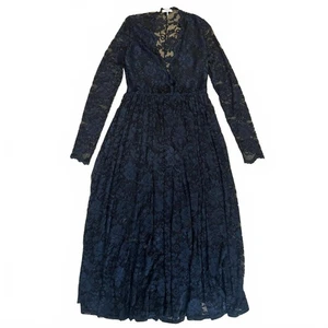 Abito svasato vintage GANNI blu scuro pizzo floreale manica lunga taglia S 36 UK 8 - Foto 1 di 11