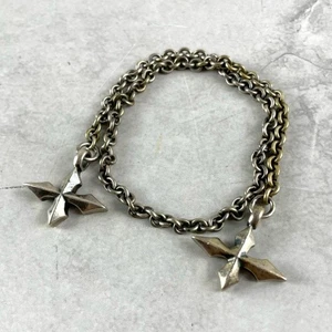 Pulsera de mezclilla de cuero de pared Bill con cadena de anillo 925 doble cruz #1202 - Imagen 1 de 8