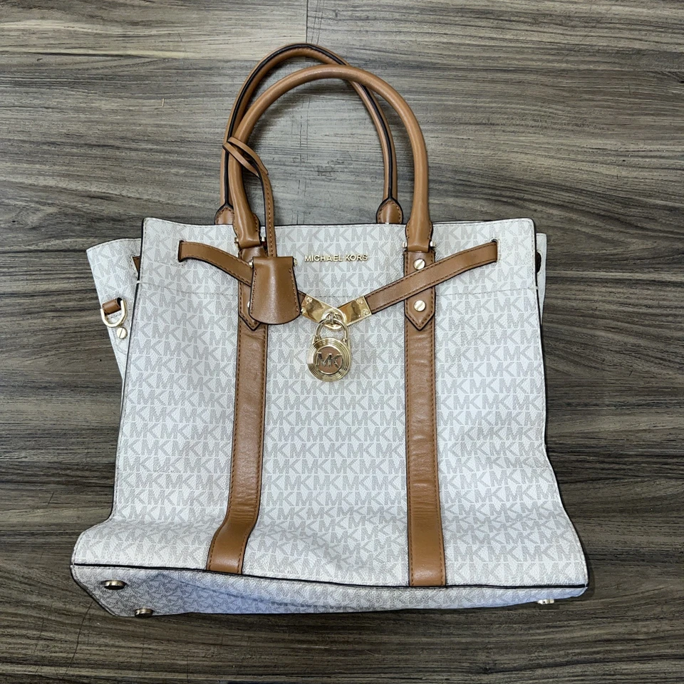 Сумка Michael Kors модель Nouveau Hamilton небольшая с логотипом MK ванильная ПВХ и кожа - Изображение 1 из 4