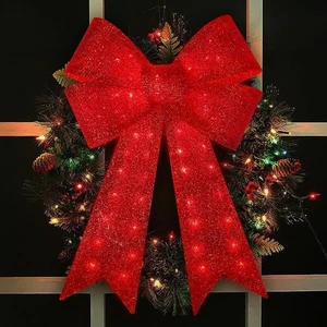 24" 40 LED Lighted Red Sparkly Bow Christmas Decoration - Picture 1 of 7