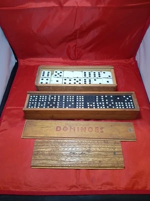 Vintage Double Six 28 Ivory & Black Dominoes With Brass Spinners In Wooden Case - Image 1 of 4