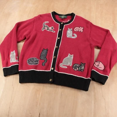 Suéter cardigã vintage anos 90 ORVIS bordado arte gato ramie algodão vovó GRANDE - Imagem 1 de 4