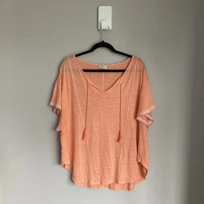 Wrap London Linen Top Shirt Womens UK 18 Coral Boho Peasant Embroidered Summer - Image 1 of 4