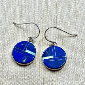 Southwestern Lapis & Opal Inlay Circle Drop Earrings, 925 Sterling Signed SM - Picture 1 of 5