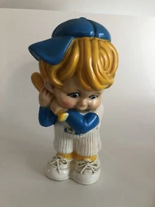 1973 Russ Berrie & Co. 11” Vinyl Bank - Baseball Boy - Oakland - USA Made - Imagen 1 de 5