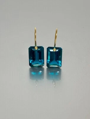 Blue Tourmaline Earrings 925 Sterling Silver Rectangle Dangle Earrings For Her - Image 1 of 4