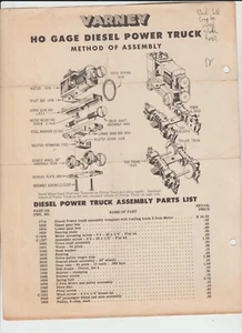 VINTAGE VARNY HO GAGE DIESEL POWER TRUCK METHOD OF ASSEMBLY PARTS LIST - Picture 1 of 2