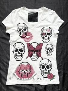 Philipp Plein Womens Cotton Skull Rhinestones White Tee T-Shirt Size M Pink - Picture 1 of 13