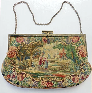 Victorian Handmade Petit Point Evening Purse With Ornate Gold Toned Frame - Picture 1 of 13