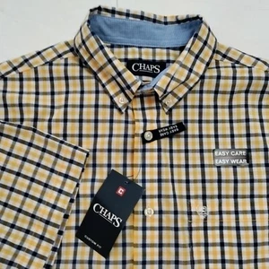 Chaps Men's Medium Yellow Check Easy Care Custom Fit Short Sleeve Button Shirt - Picture 1 of 8