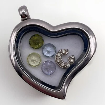Floating Heart Locket Pendant Silver Tone Floating “C” Monogram Crystal Charms - Image 1 of 4