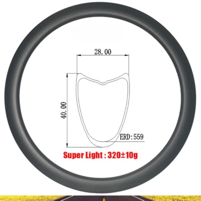 700C 40*28mm Bicicleta de Carretera Luz Llanta de Carbono Disco o Freno V Tubular UD 16-36 Agujeros Foto 1 de 4