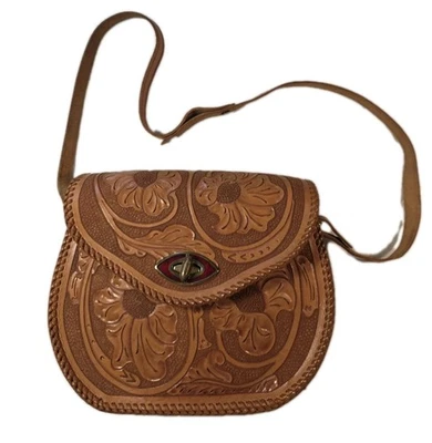 Cartera Floral De Colección Años 50 60 70 Hecha a Mano Cuero Marrón Tooled Cierre Latón R1 Foto 1 de 4