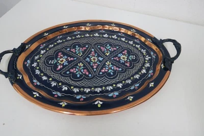 Kleines Tablett -  Serviertablett - Metall  Blau - Blümchen 36 x 24 cm, - Bild 1 von 4