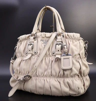 PRADA Handbag Boston Tote Shoulder Bag Purse Gathered Lambskin Beige Authentic - Image 1 of 4