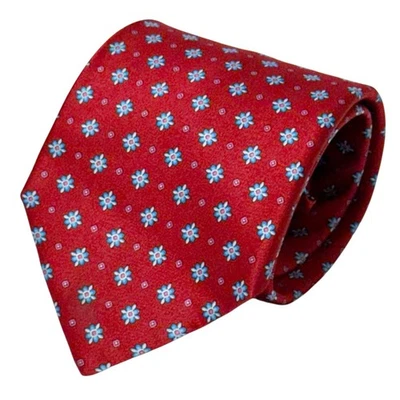 Brioni Mens Tie Luxury dis 20807 Red w Small Blue Floral Burst Medallion Italy - Image 1 of 4