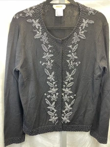 Vintage Talbots Seide Kaschmir Strickjacke Pullover groß schwarz klar Blumen Perlen - Bild 1 von 9