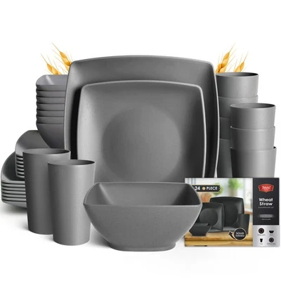 24-piece Plastic Wheat Straw Square Dinnerware Sets,Service for 6, Unbreakabl... - Image 1 of 4