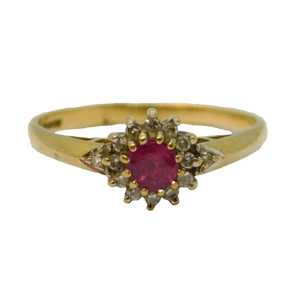 9ct Yellow Gold, Ruby & Diamond Set Floral Cluster Ring Vintage 1993 London - Picture 1 of 5