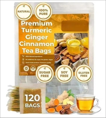 Premium 120 Turmeric Ginger Cinnamon Natural Tea Bags Pure No Additive Added - Image 1 of 3