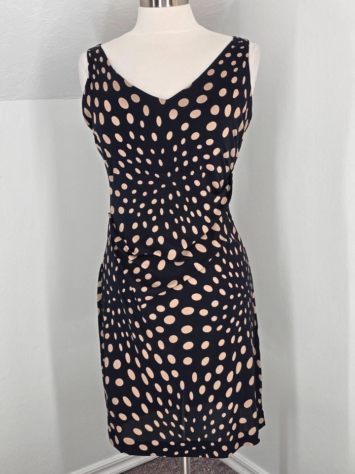 Nicole Miller 100% Silk Sz M Sleeveless V Neck & Back  Black w Khaki Polka Dots - Image 1 of 4