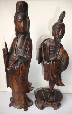2-Vintage-Chinese Rosewood Carved 10.25" Guan Yin & 9.5" Elder Fisherman Statues - Image 1 of 4