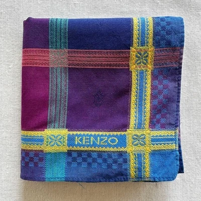 Mens Handkerchief VTG Fabric Woven Check Blue Purple Geometric Pocket Square 18" - Image 1 of 3